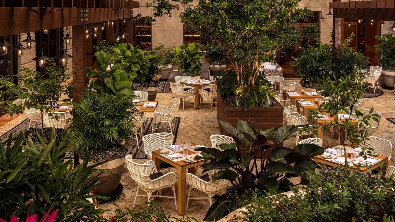 Patio del restaurante de The Ritz-Carlton Coconut Grove entre jardines tropicales